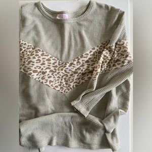 Pink Lily women’s long sleeve shirt. Light mint green with leopard print detail